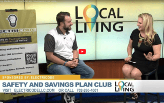 Two hosts on a Local Living TV set discussing home safety and savings.